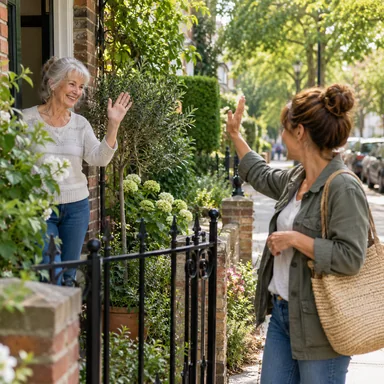 Neighbors waving goodbye at a front gate