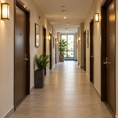 A bright apartment hallway where neighbors meet