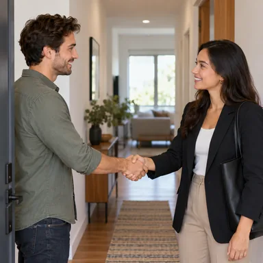 Two neighbors meeting in an apartment hallway