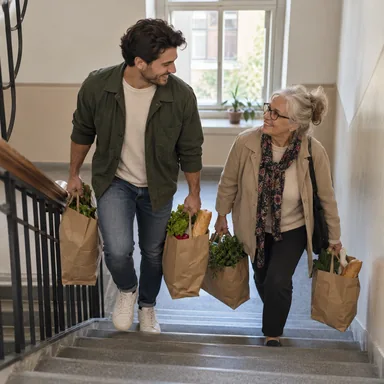 A neighbor helping another carry groceries
