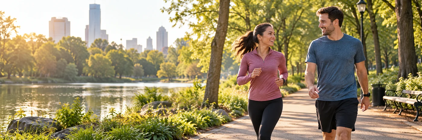 Two friends jogging and walking along a park trail in morning light