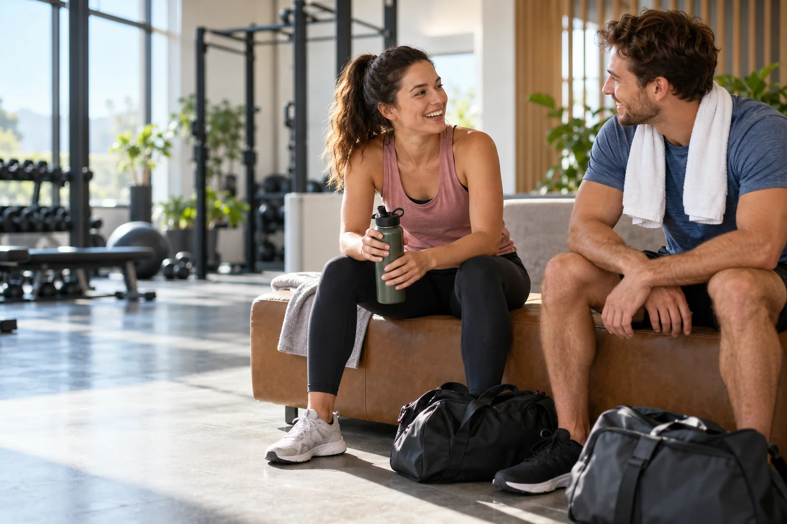 Two people talking after a workout