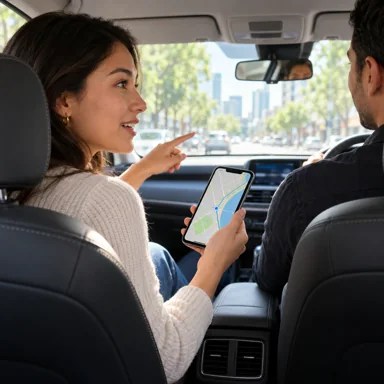 Passenger showing a route on a phone