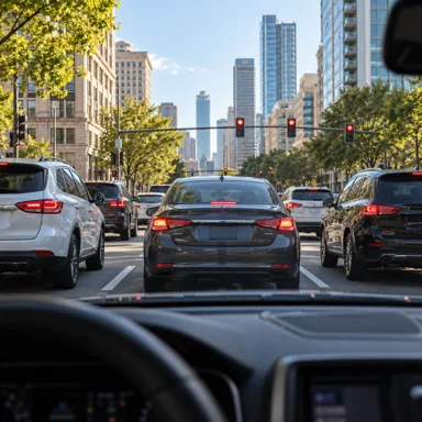 Traffic on a city street seen from a car